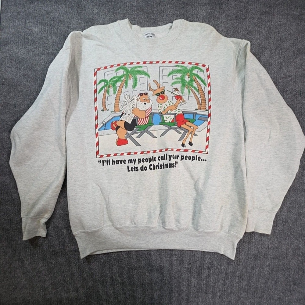 Vintage Fruit Of The Loom Sweatshirt Mens XL Gray Fleece Santa Rudolph Christmas
